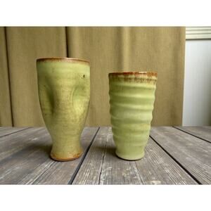 Hamlin Studio Pottery Tumblers or Vases-Pair-Green Glaze-North Carolina-Handmade